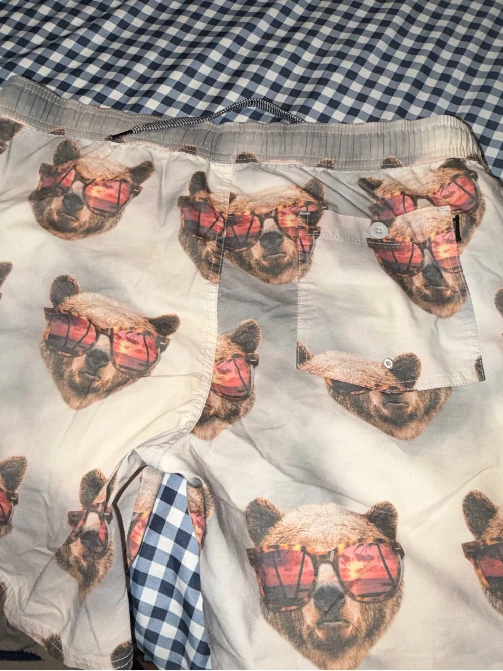 Men's Cream Bear Print Swim Trunks with Pink-Orange Sunglasses